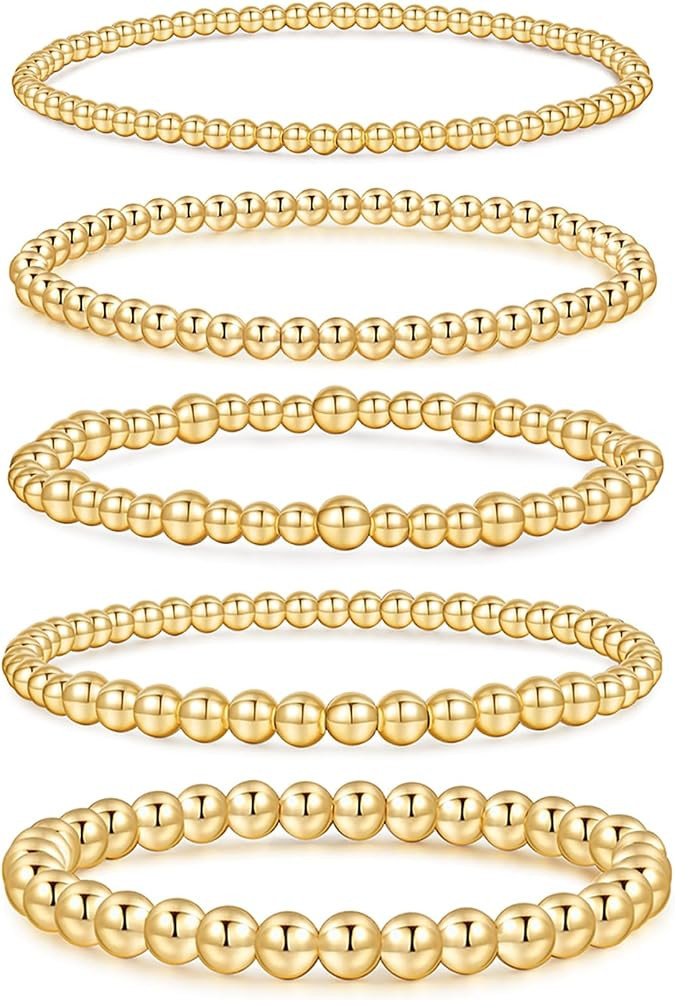 BMMYE Gold Bead Bracelet for Women, 14K Gold Plated Hypoallergenic Beaded Bracelets, Stackable St... | Amazon (US)