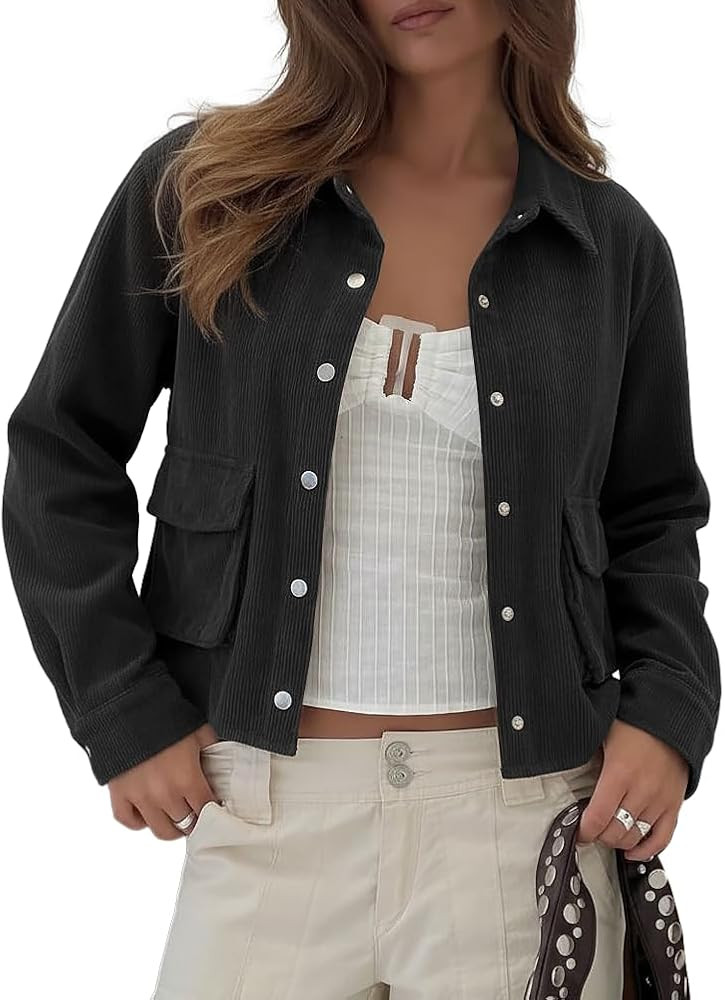 Beaully Womens Corduroy Cropped Shacket Jacket Short Button Down Long Sleeve 2026 Spring Outwear ... | Amazon (US)