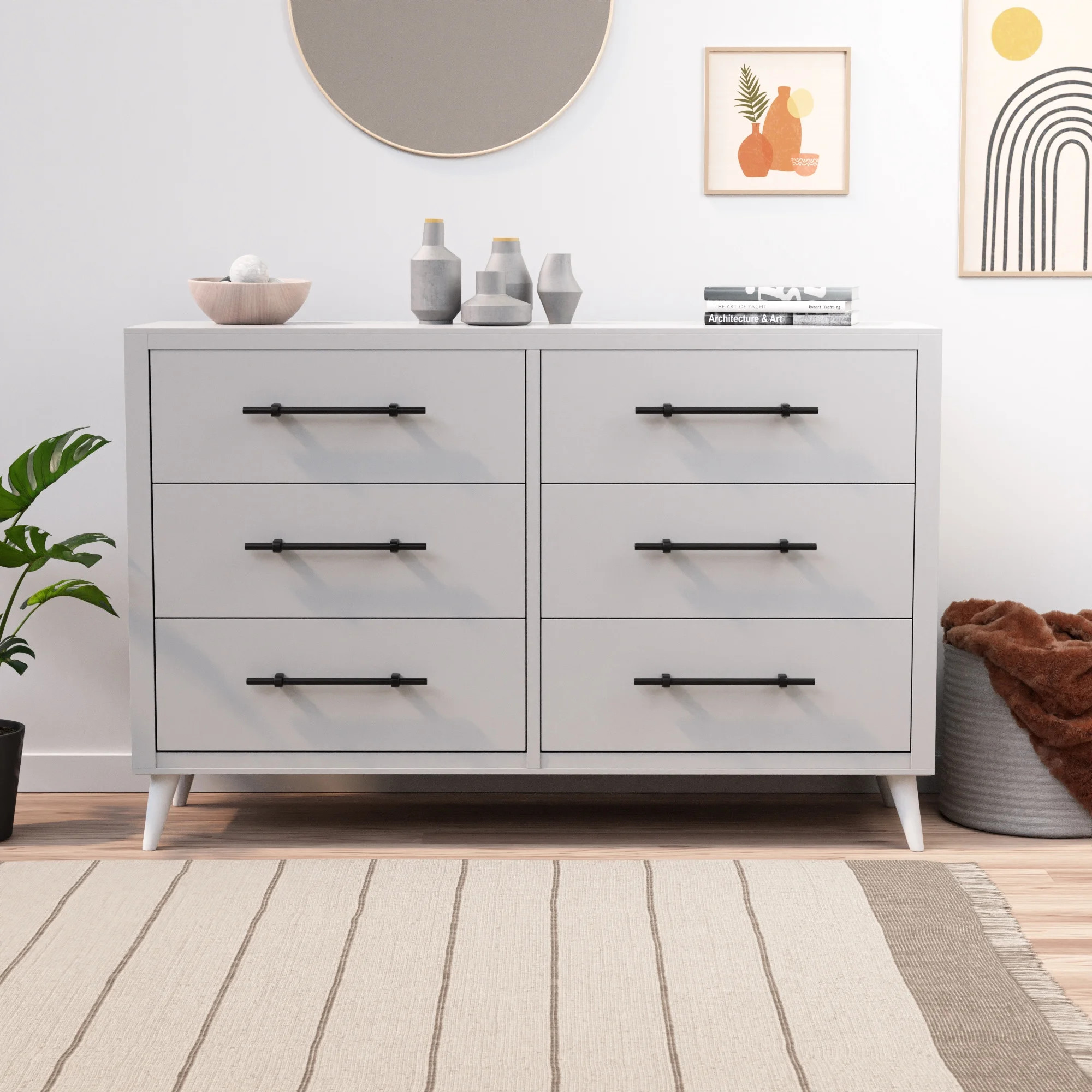 Rest Haven Mid-Century Modern 6 Drawer Wood Dresser, White - Walmart.com | Walmart (US)