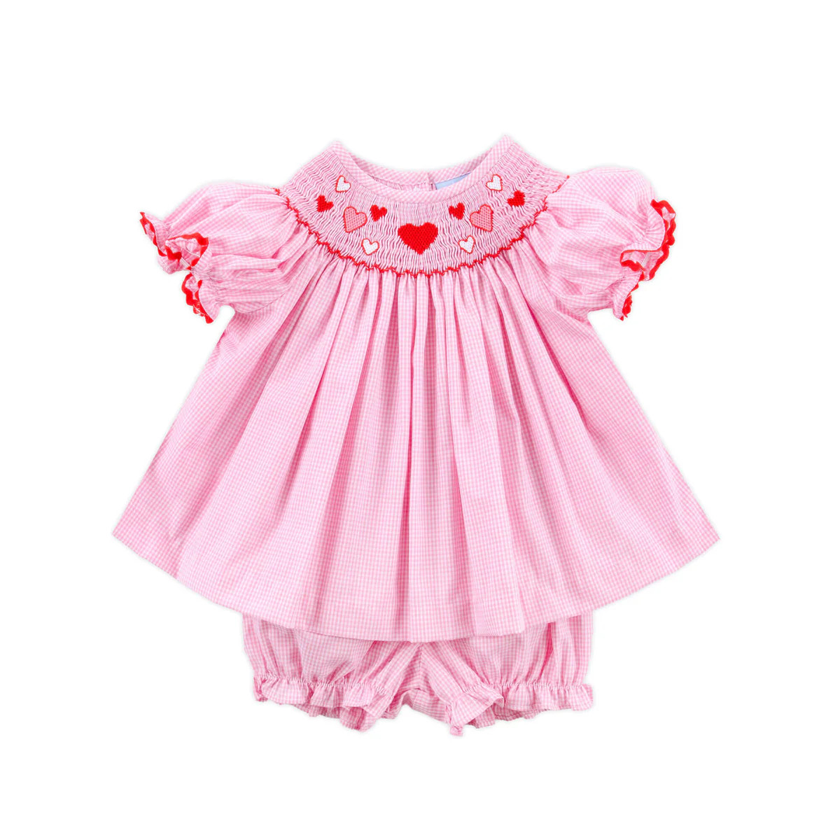 Pink and Red Hearts Smocked Bishop Bloomer Set | Classic Whimsy