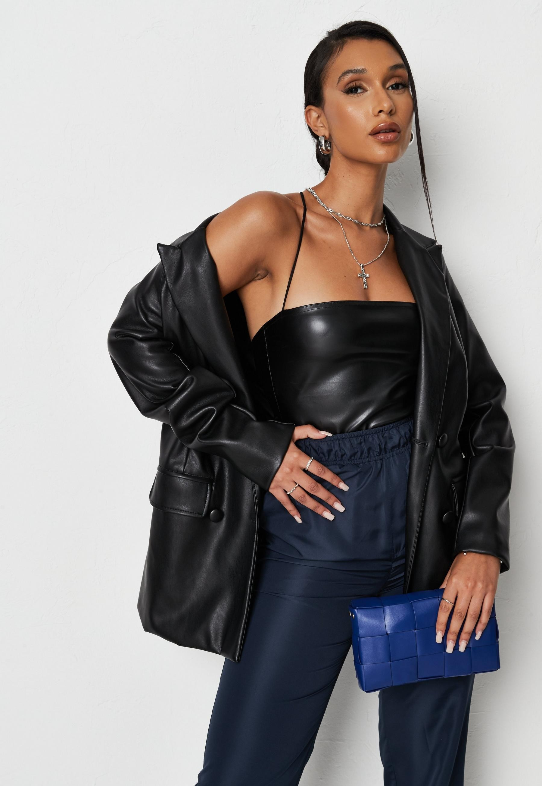 Missguided - Black Faux Leather Straight Neck Bodysuit | Missguided (US & CA)