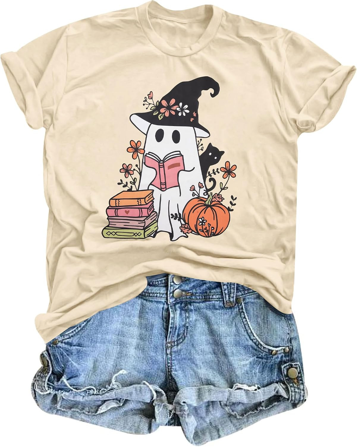 Halloween Teacher Shirts for Women Ghost Reading Books Shirt Funny Spooky Bookish Tee Halloween Party Short Sleeve Tops | Amazon (US)
