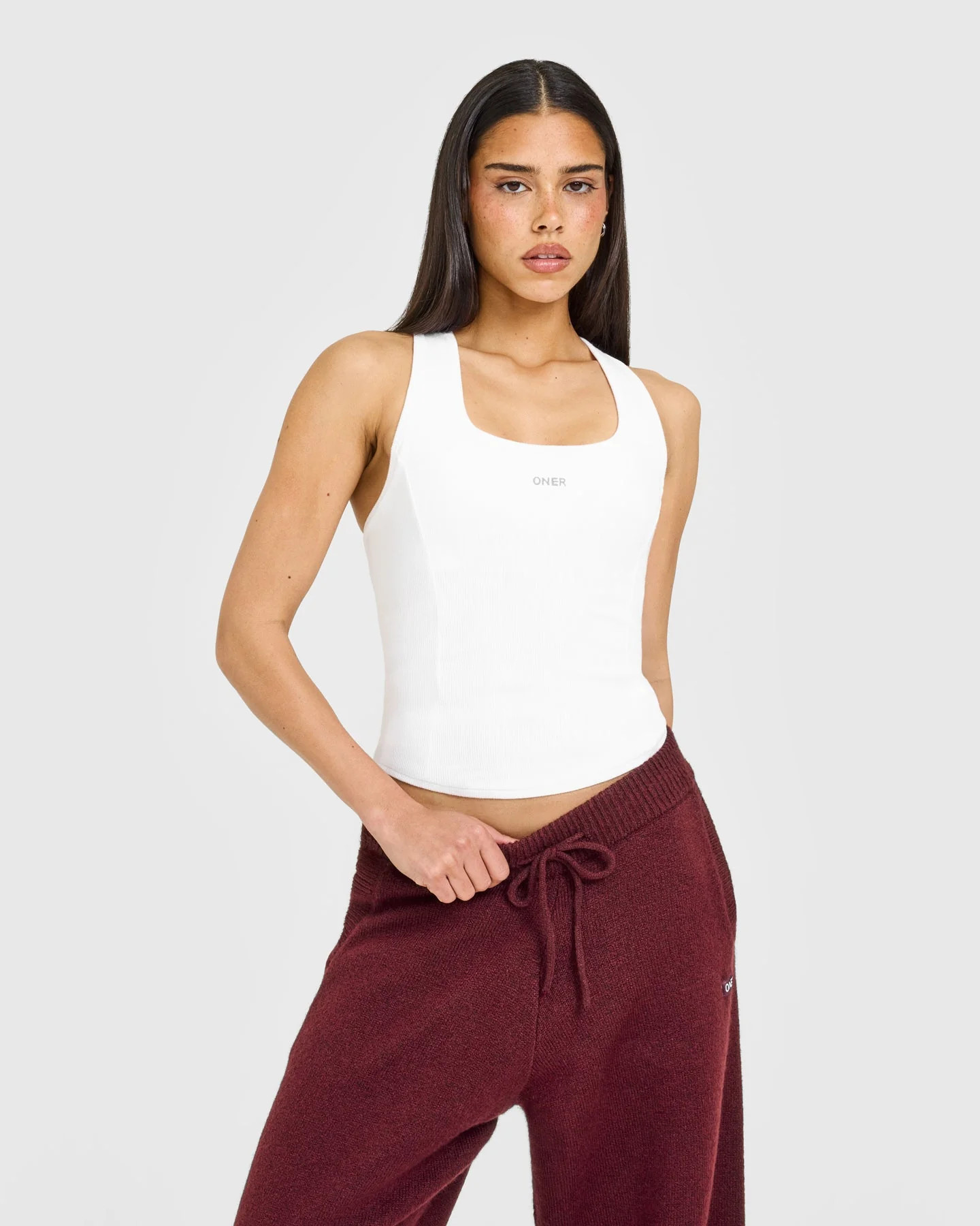 Mellow\u2122 Rib Oner Embroidered Square Neck Tank Top with Built in Bra Shelf | White | Oner Active (UK / US)