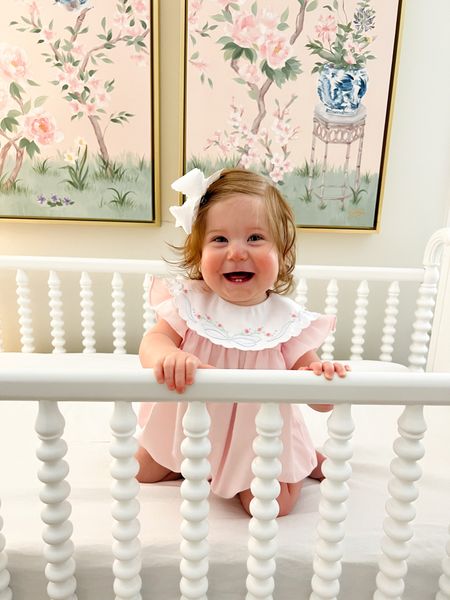 Baby girl nursery 🎀 pink chinoiserie art Easter outfit bubble pink bow scalloped collar ruffle sleeve Jenny Lind spindle crib white cradle grandmillennial preppy

#LTKfamily #LTKbaby #LTKhome
