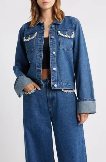 PTCL Rhinestone Detail Denim Trucker Jacket in Rinse Wash at Nordstrom Rack, Size X-Small | Nordstrom Rack