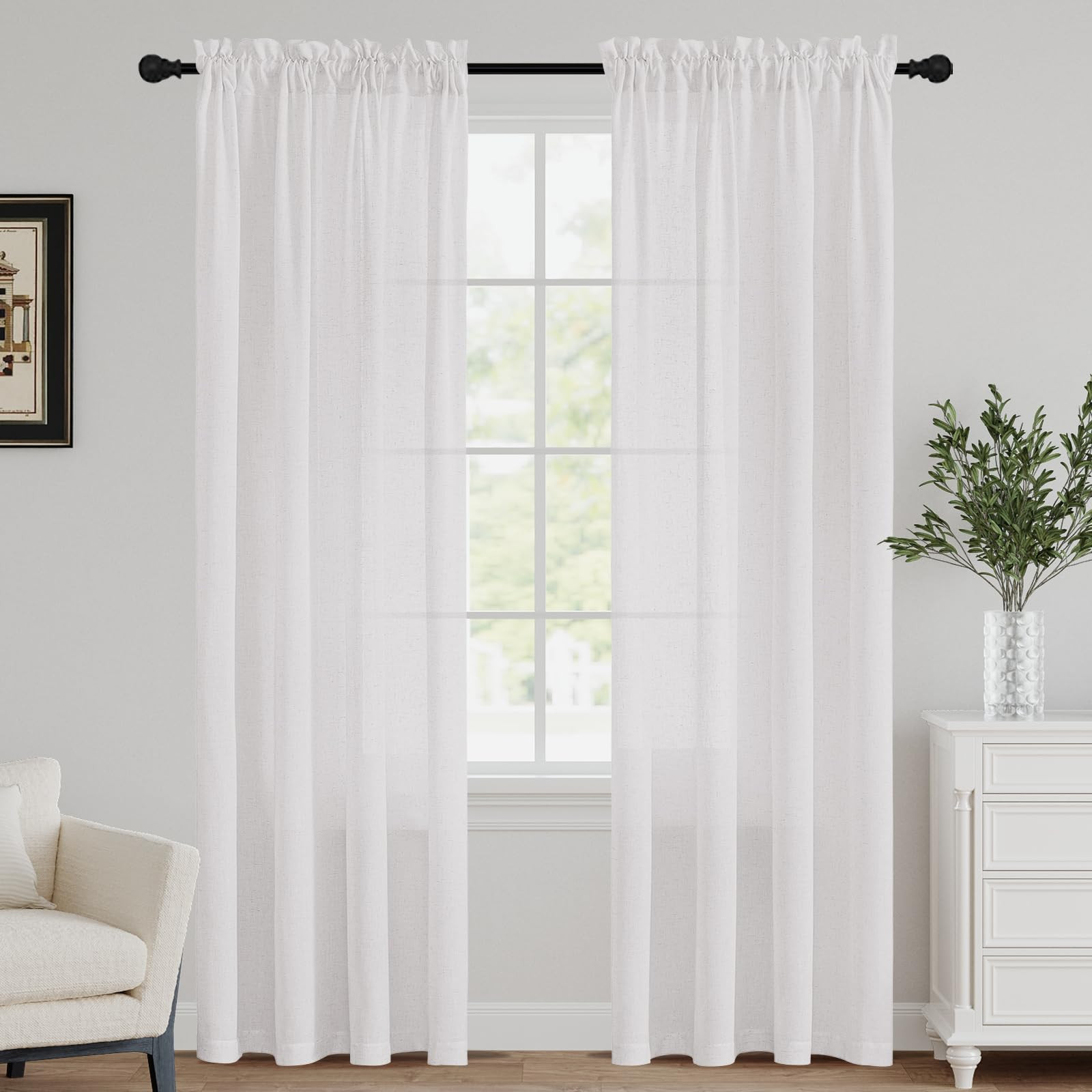 FantasDecor Off White Linen Curtains 84 Inch Length 2 Panels Set Natural Semi Sheer Curtains for ... | Amazon (US)