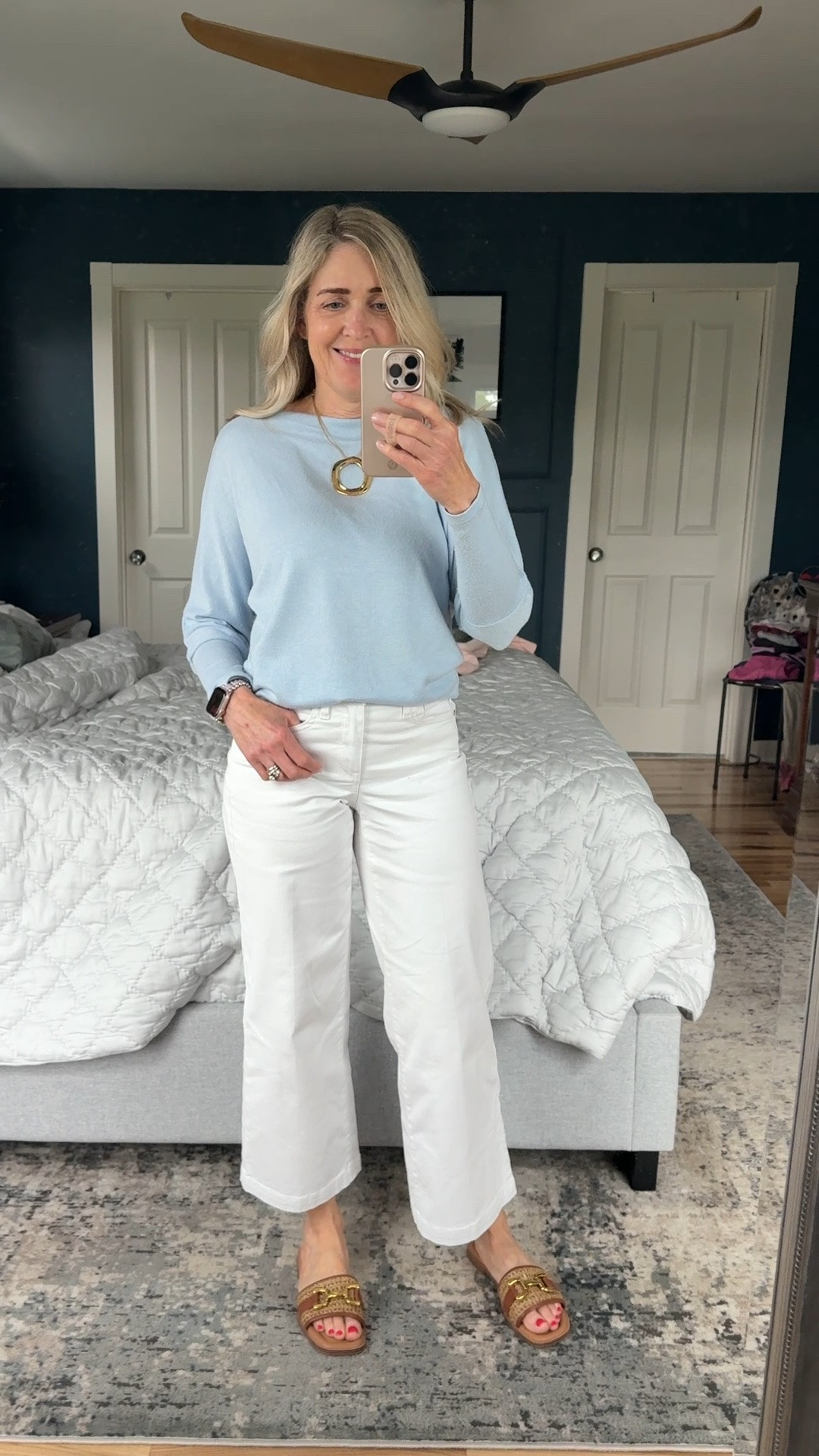 Casual summer outfit. @Gibsonlook slouchy sweater size XS 
@NYDJ white jeans size 00.

Summer outfits, summer trends, white denim, outfits with jeans, woven sandals, business casual workwear, fashion over 40

#LTKootd #LTKgrwm #LTKOver40