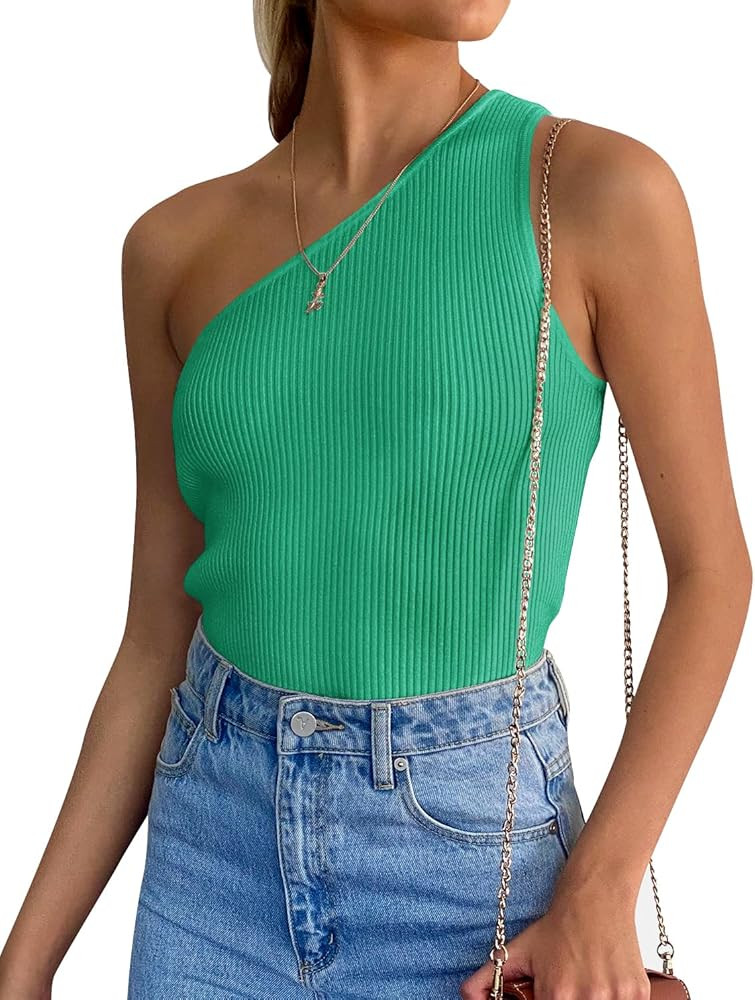 ZESICA Women's One Shoulder Tank Summer Sleeveless T Shirt Ribbed Knit Slim Fit Sexy Casual Basic... | Amazon (US)