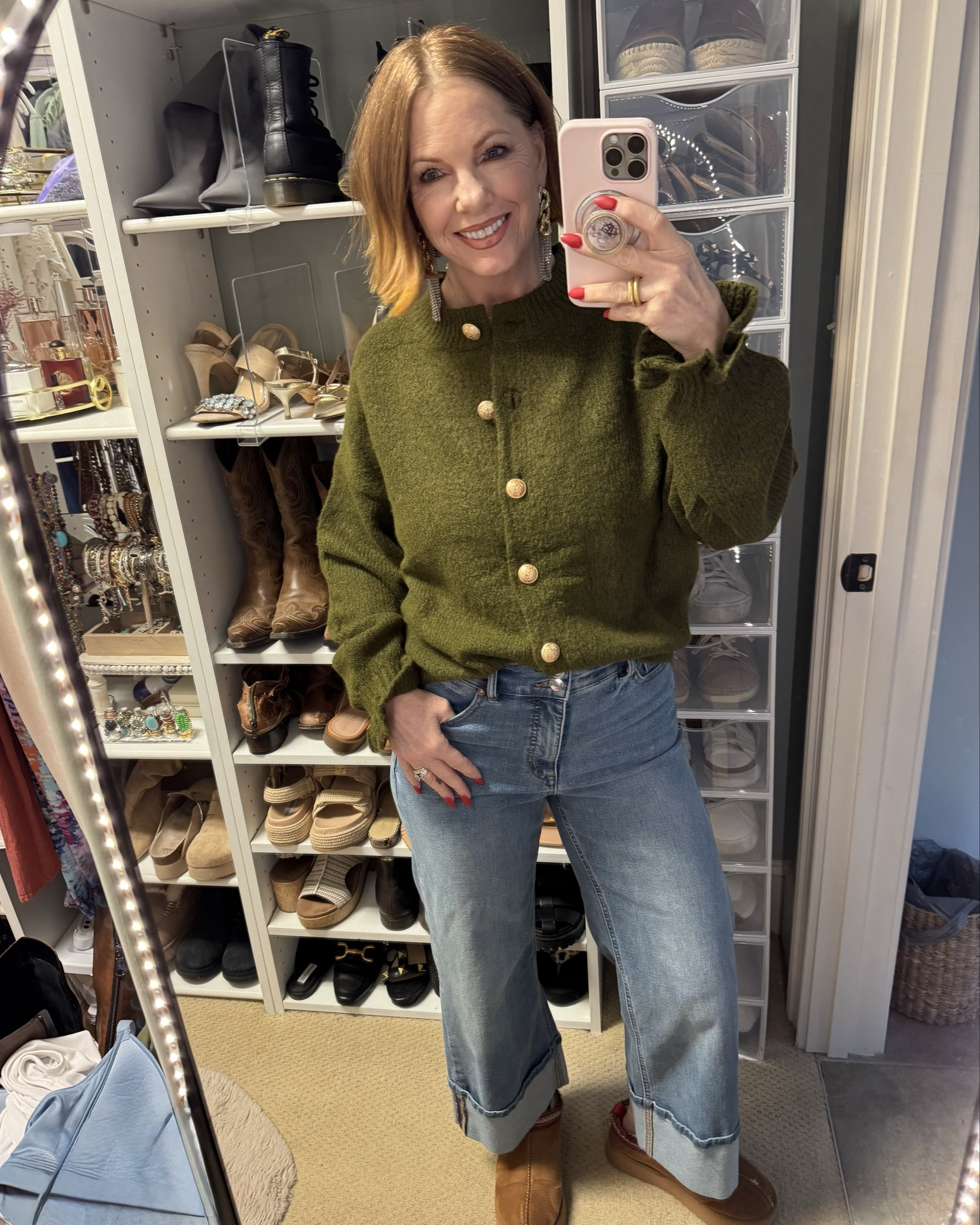 This gorgeous wool blend sweater is from Walmart! @walmartpartner I love the gold buttons. I have it tucked in, but it would look pretty open with a top or t-shirt underneath. The olive color is chic and on trend. And these jeans are the perfect fit! Love the wide cuff. Also would  look great with boots.

#walmart #ootd 

#LTKHoliday #LTKootd #LTKOver40