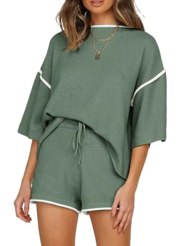 SHEWIN Womens Fashion 2025 Casual 2 Two Piece Sets for Women Trendy Crewneck Short Sleeve Sweater Tops and Loose Shorts Cozy Tracksuit Linen Set Dark Green L | Amazon (US)