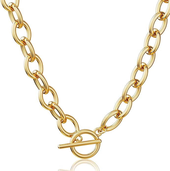 CHESKY 14K Gold Plated Chunky Necklace for Women, Trendy Paperclip Choker Necklace Statement Cros... | Amazon (US)