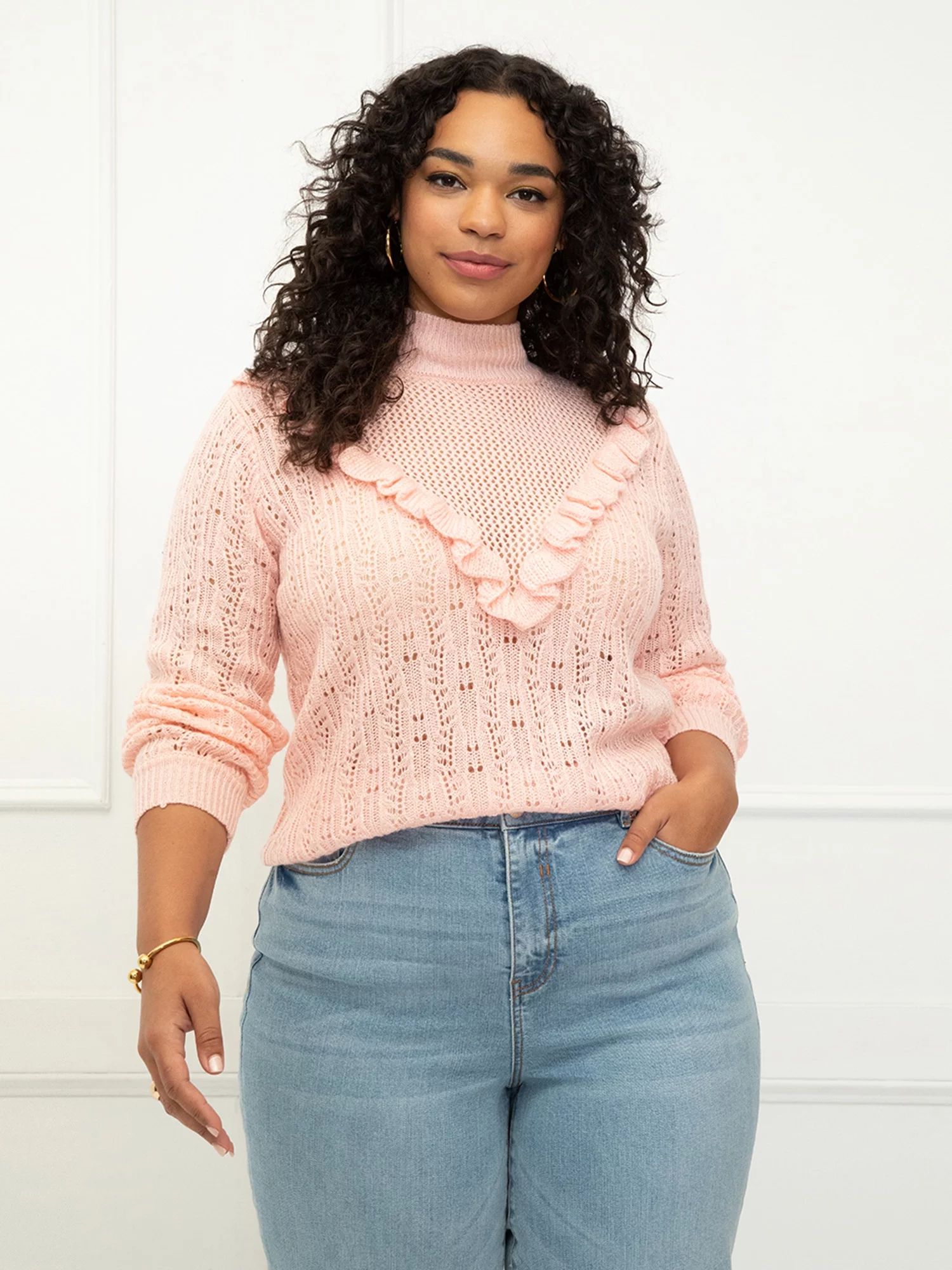 ELOQUII Elements Women's Plus Size Ruffle Yoke Sweater | Walmart (US)