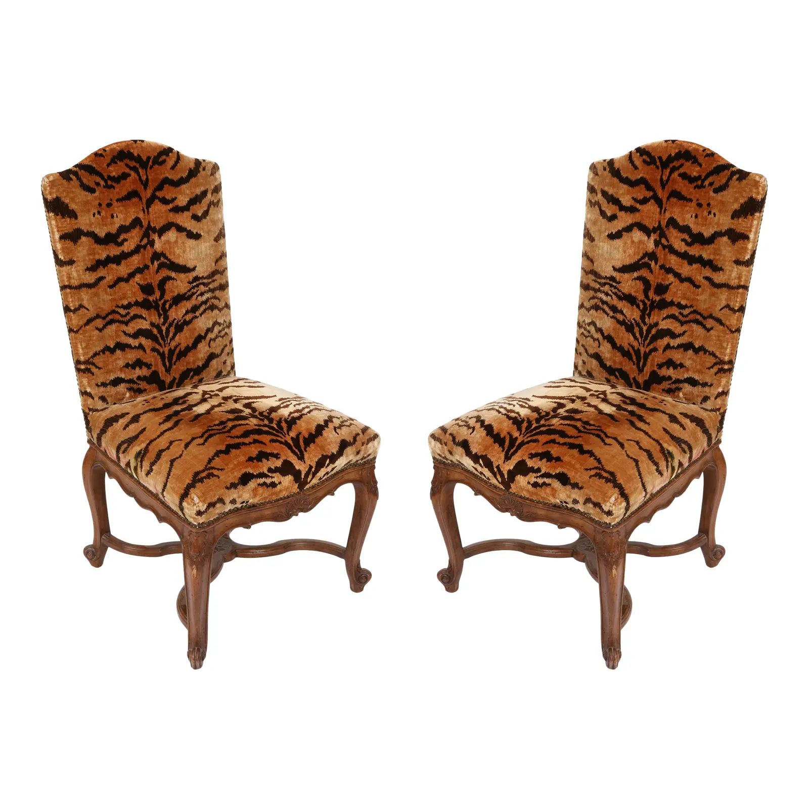 Pair of Vintage Regence Style Walnut Side Chairs in Silk Tiger Velvet | Chairish