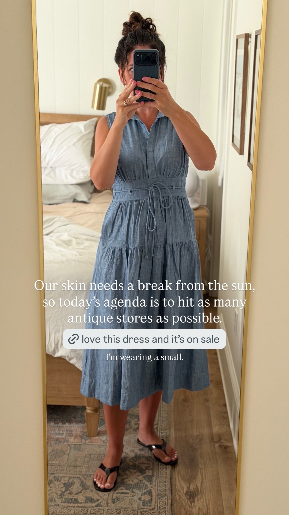 Our skin needs a break from the sun, so today’s agenda is to hit as many antique stores as possible. I’m wearing a small.