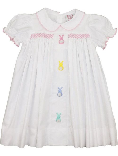 Pink And White Smocked Embroidered Bunny Dress | Cecil and Lou