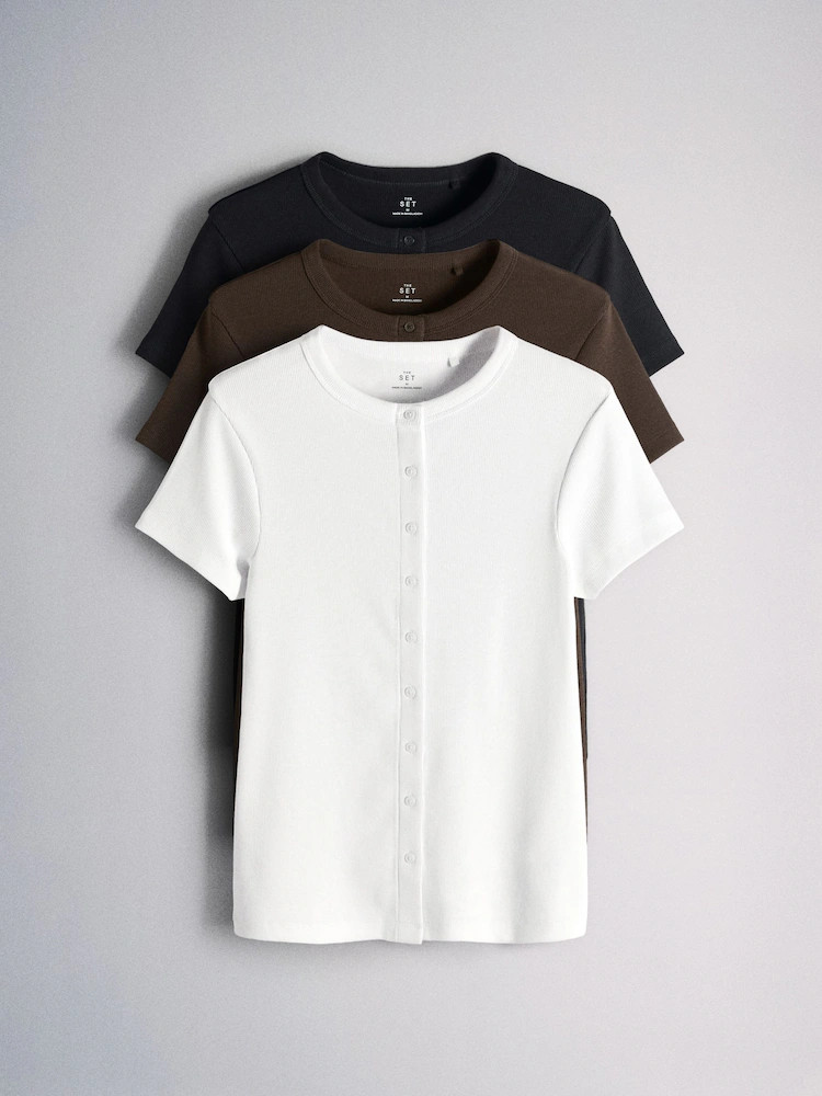 Buy The Set 3 Pack Short Sleeve Button Through Rib T-Shirt White/Brown/Black from Next United Ara... | Next UAE