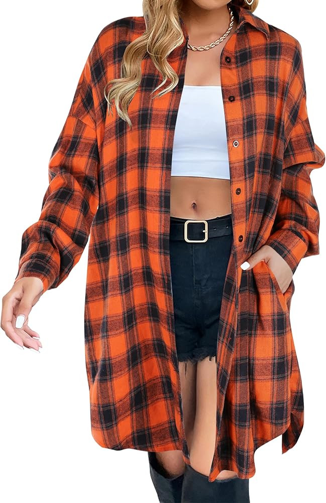 Blooming Jelly Women's Button Down Flannel Shirts Plaid Shacket Long Sleeve Collared Long Jacket ... | Amazon (US)