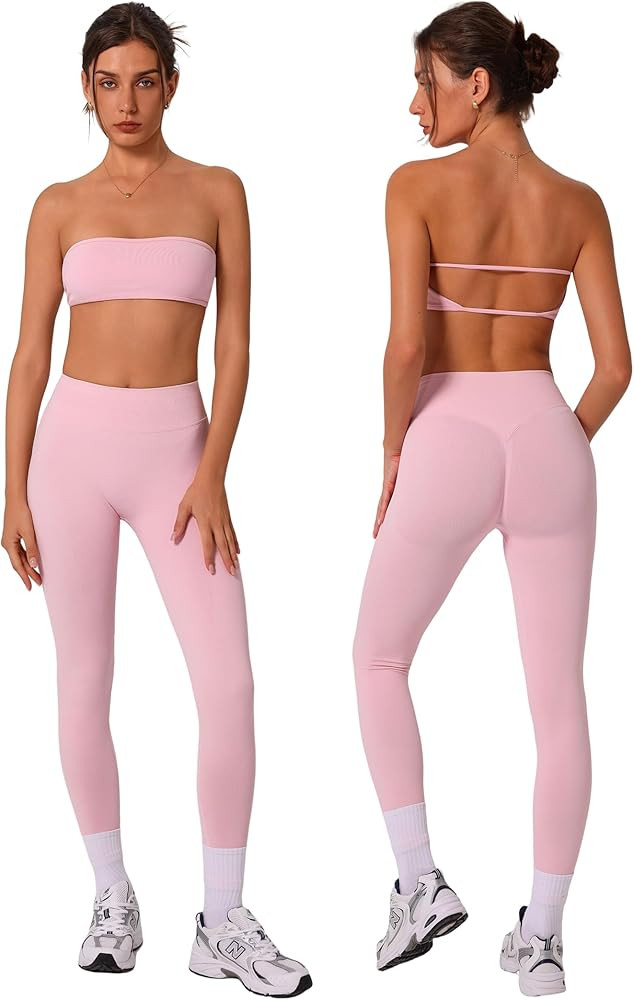 ABOCIW Workout Sets for Women 2 Piece Seamless Bandeau Sports Bra Scrunch Butt Liftinf High Waist... | Amazon (US)