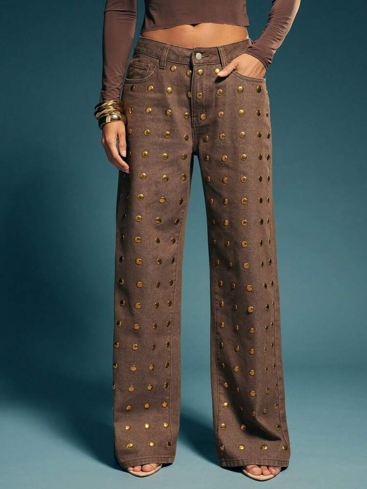 Denimoi Gold Studded Detail Straight Leg Denim Jeans, Fashionable, Fall And Winter | SHEIN