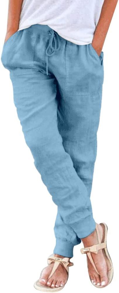 Puimentiua Womens Tapered Pants Cotton Linen Drawstring Back Elastic Waist Pants Casual Trousers ... | Amazon (US)