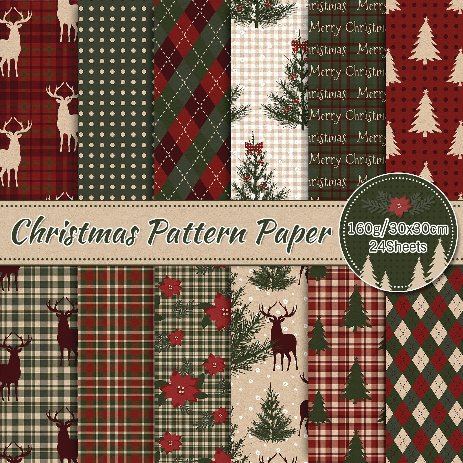 Whaline 24 Pack Christmas Pattern Paper 30x30cm Woodland Merry Christmas Scrapbook Paper Double-S... | Amazon (US)