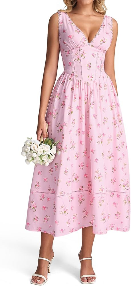 KUTUMAI Floral Corset Midi Dresses for Women 2026 Summer Spring V Neck Lace Up Flowy Wedding Gues... | Amazon (US)