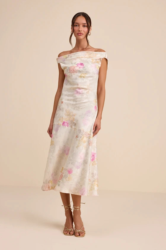 Elyse Ivory Floral Jacquard Satin Midi Dress | cocktail party dress | cocktail attire  | Lulus