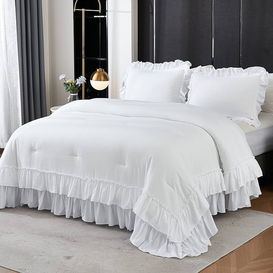 Andency White Ruffle Comforter Full Set, 3pcs Vintage Farmhouse Shabby Chic Bedding Comforter Set... | Amazon (US)