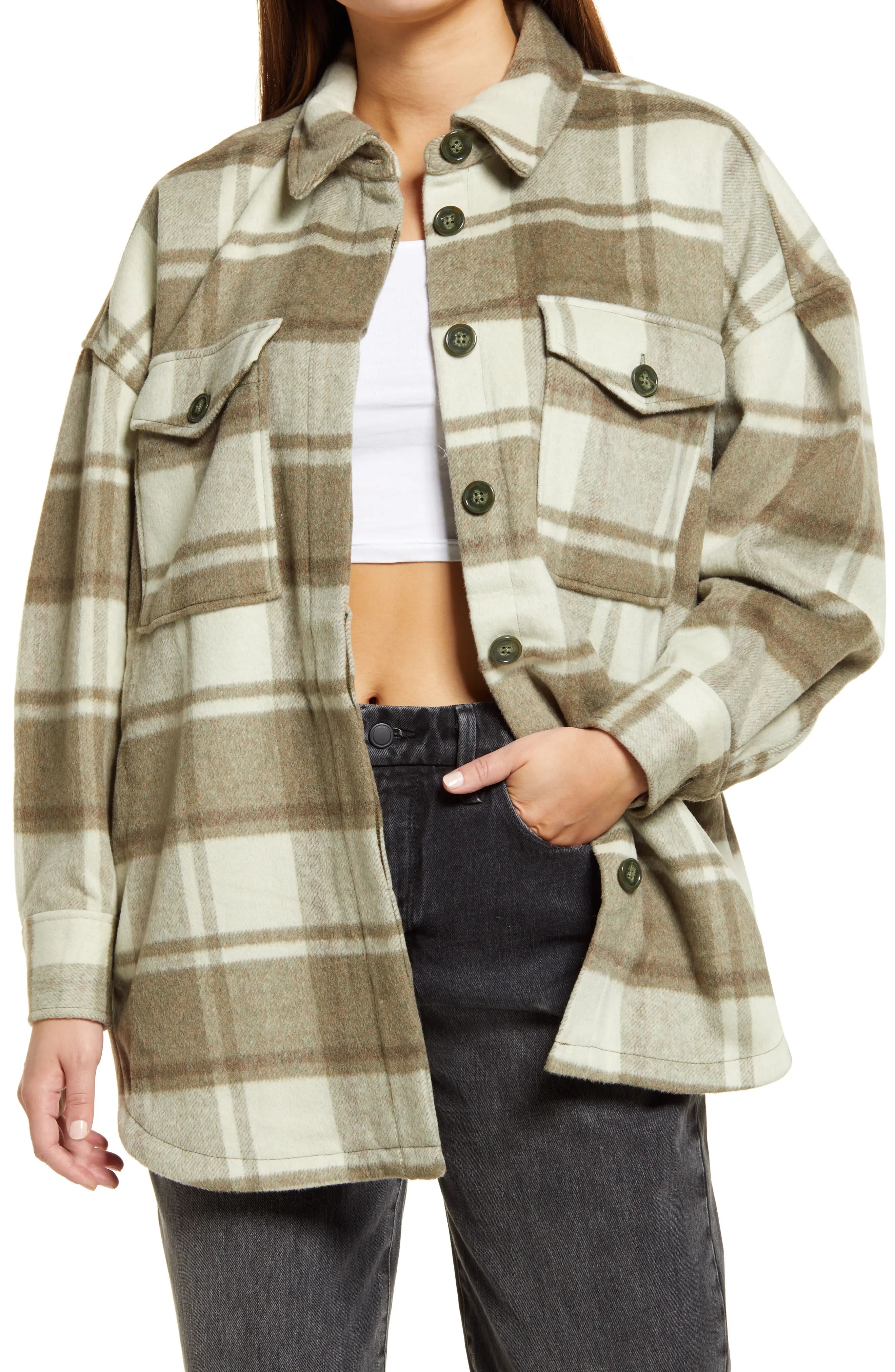 Good American Plaid Shacket, Size 00 in Oliveplaid001 at Nordstrom | Nordstrom