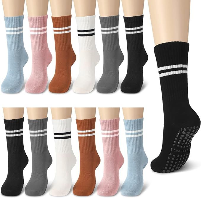 Sintege 12 Pairs Women Long Pilates Grip Socks Yoga Socks with Grips Non Slip Crew Grip Socks wit... | Amazon (US)