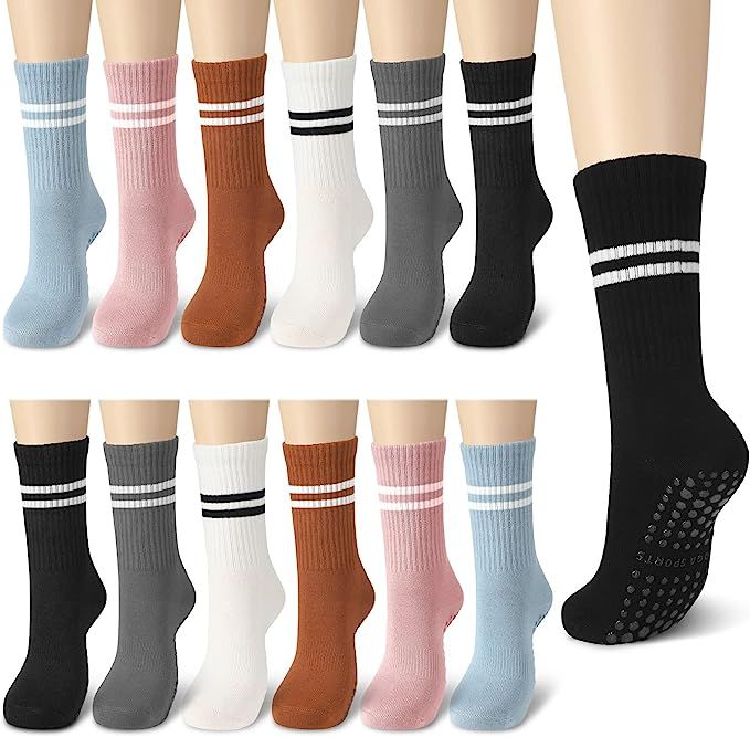 Sintege 12 Pairs Women Long Pilates Grip Socks Yoga Socks with Grips Non Slip Crew Grip Socks wit... | Amazon (US)