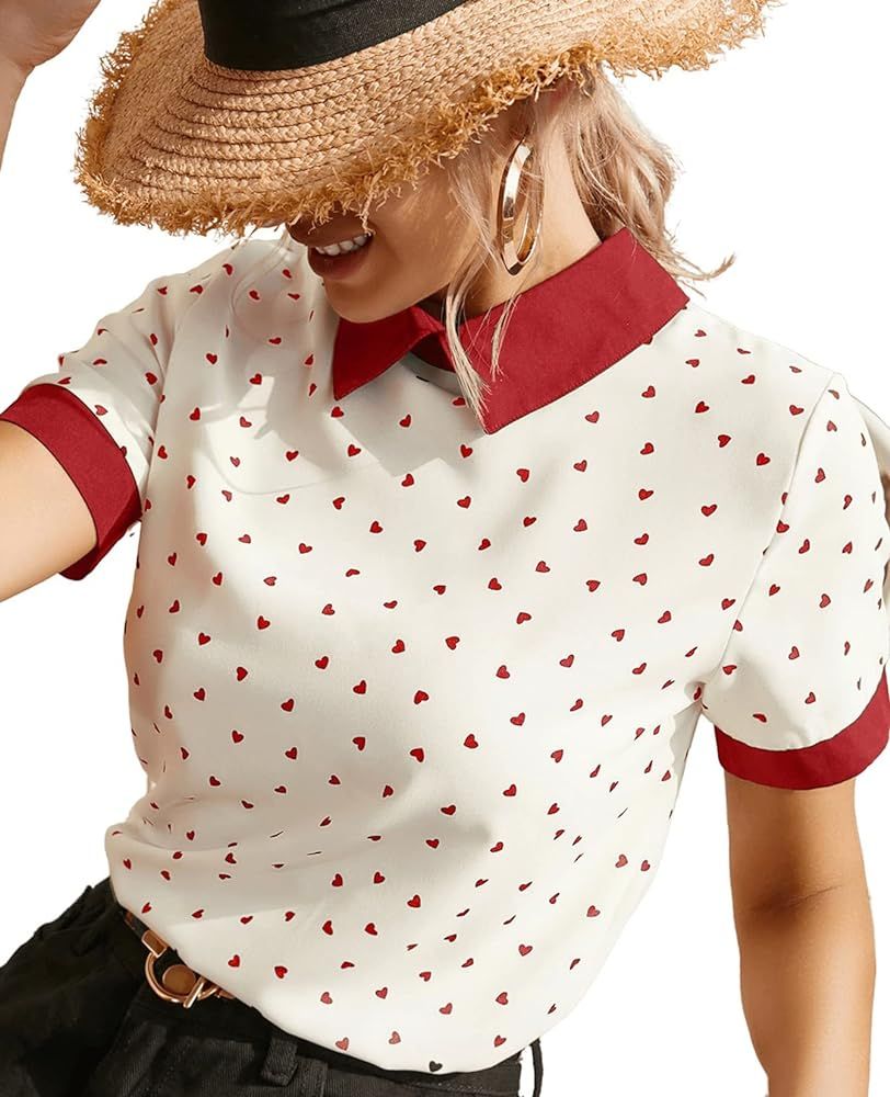 SheIn Women's Contrast Collar Short Sleeve Heart Print Work Blouse Tops Shirt | Amazon (US)