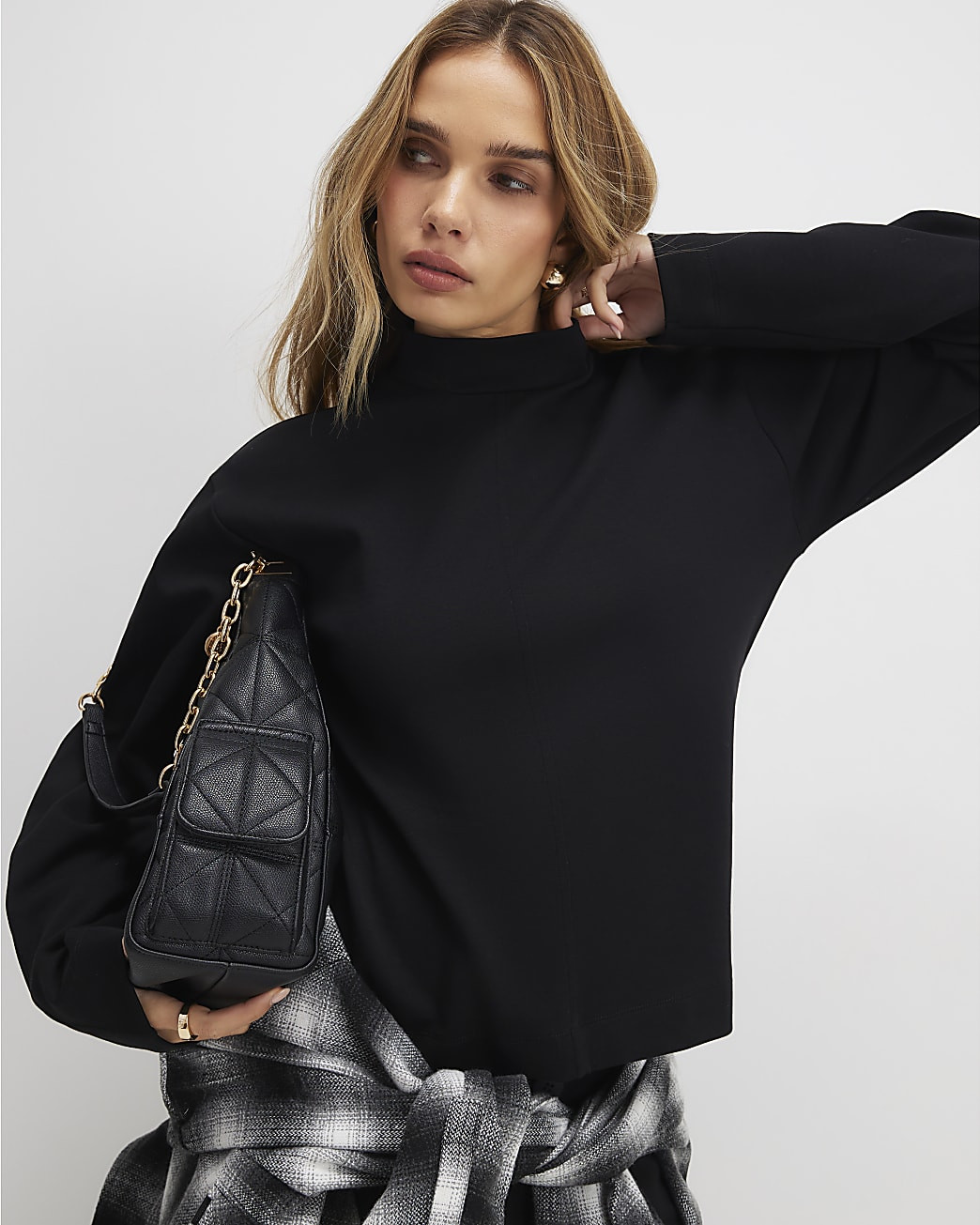 Black Long Sleeve Funnel Neck Top | River Island UK & IE