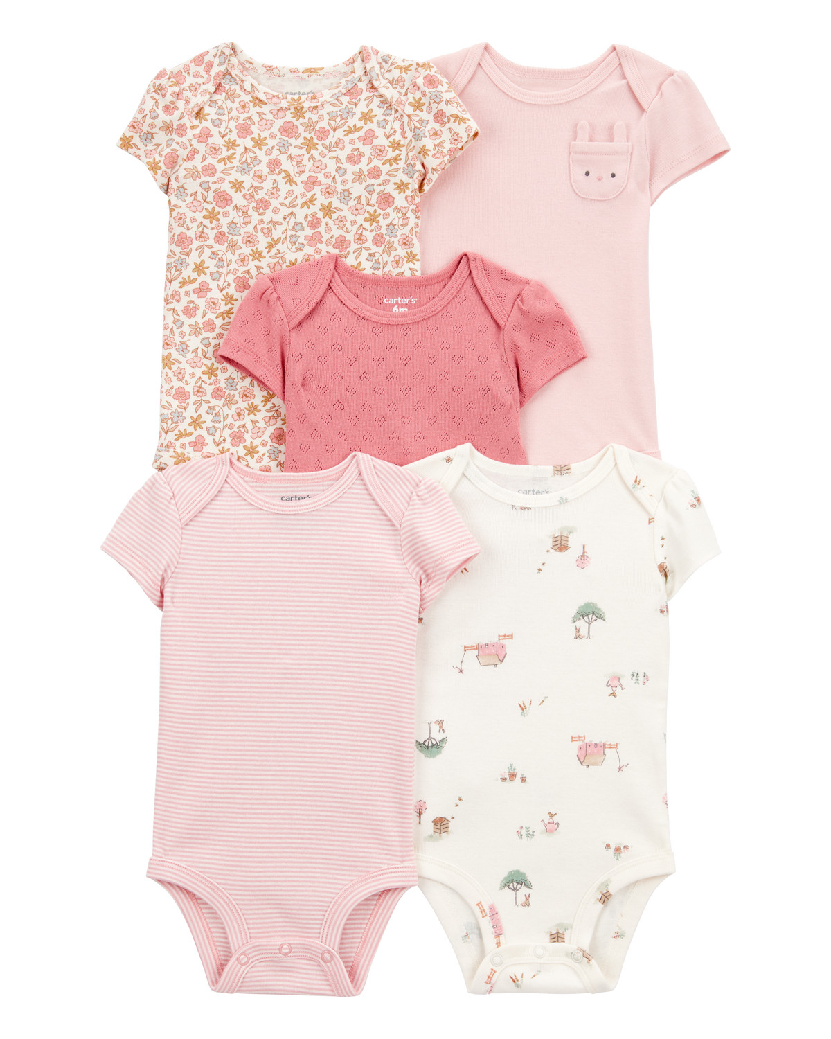 Baby Girl 5-Pack Floral Bunny Short-Sleeve Cotton Bodysuits - Pink - Carter's | Carter's | Carter's Inc
