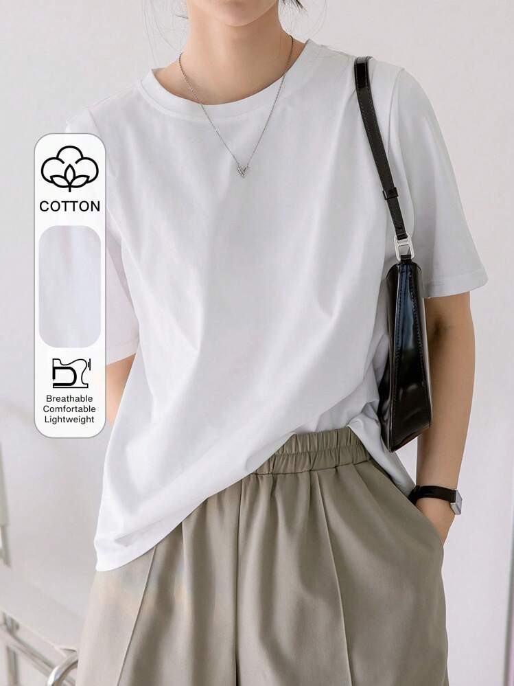 Dazy-Less Camiseta De Cuello Redondo De Color Sólido, Estilo "Old Money", Ropa Casual De Verano Para Mujer En El Trabajo | SHEIN