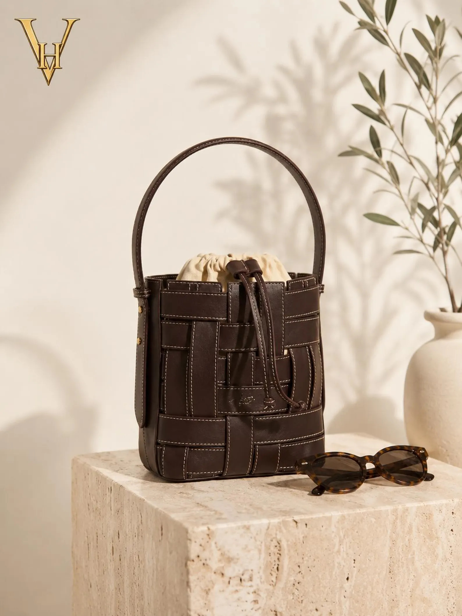 Brown Woven Leather Bucket Bag, Cowhide Crossbody Purse, Minimalist Tote | Etsy (Global)