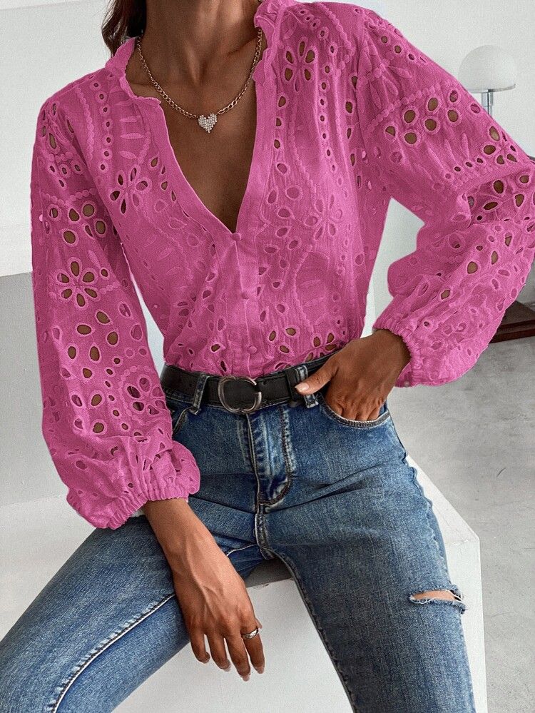 Solid Eyelet Embroidery Notched Blouse | SHEIN