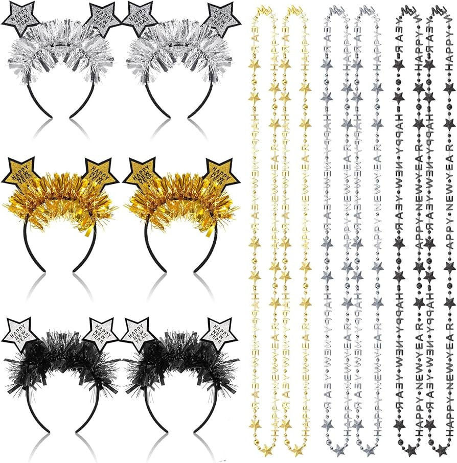 Hanaive 12 Pcs New Year Eve Party Supplies 2025, 6 Pcs Happy New Year Bead Necklaces and 6 Pcs Gl... | Amazon (US)