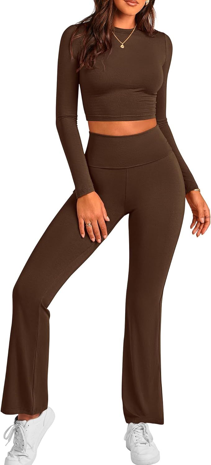 BTFBM Women 2 Piece Lounge Sets Fold Over Yoga Pants Long Sleeve Cropped Top Matching Set Two Pie... | Amazon (US)