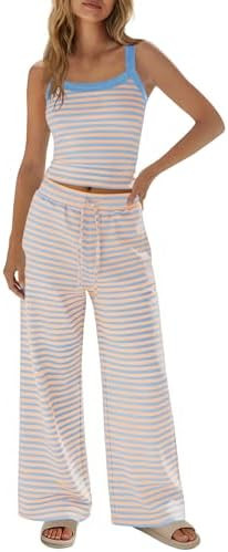 SENSERISE Womens Striped Lounge Set 2 Piece Outfits Spaghetti Strap Tank Top Wide Leg Pants Summe... | Amazon (US)
