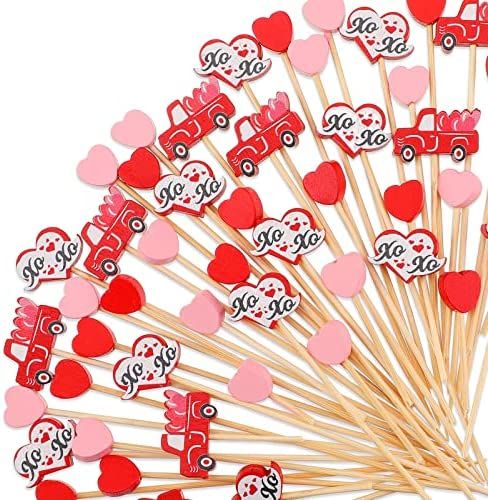 Valentine's Day Cocktail Picks Assorted Red Pink Hearts Red Truck with Heart Bamboo Toothpicks fo... | Amazon (US)