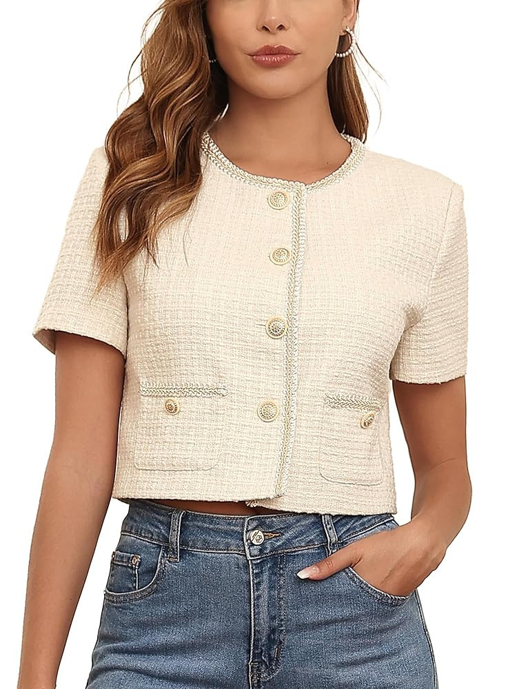 M.Infisavo 2025 Women's Cropped Tweed Blazer Short Sleeve Elegant Round Neck Open Front Cardigan ... | Amazon (US)
