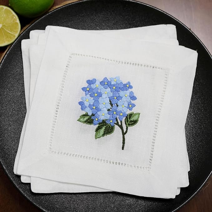 100% Linen Cocktail Napkins White with Gifting Package Set of 6 Hand Embroidered Hydrangea 6"x6" ... | Amazon (US)