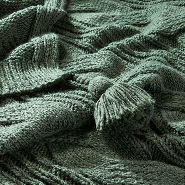 Cable Knit Tasseled Throw Blanket Green - Hearth & Hand™ with Magnolia | Target