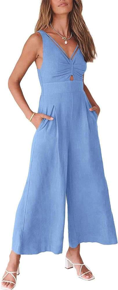 ANRABESS Women's Summer Wide Leg Linen Jumpsuits Dressy V Neck Sleeveless Casual Pants Rompers 20... | Amazon (US)