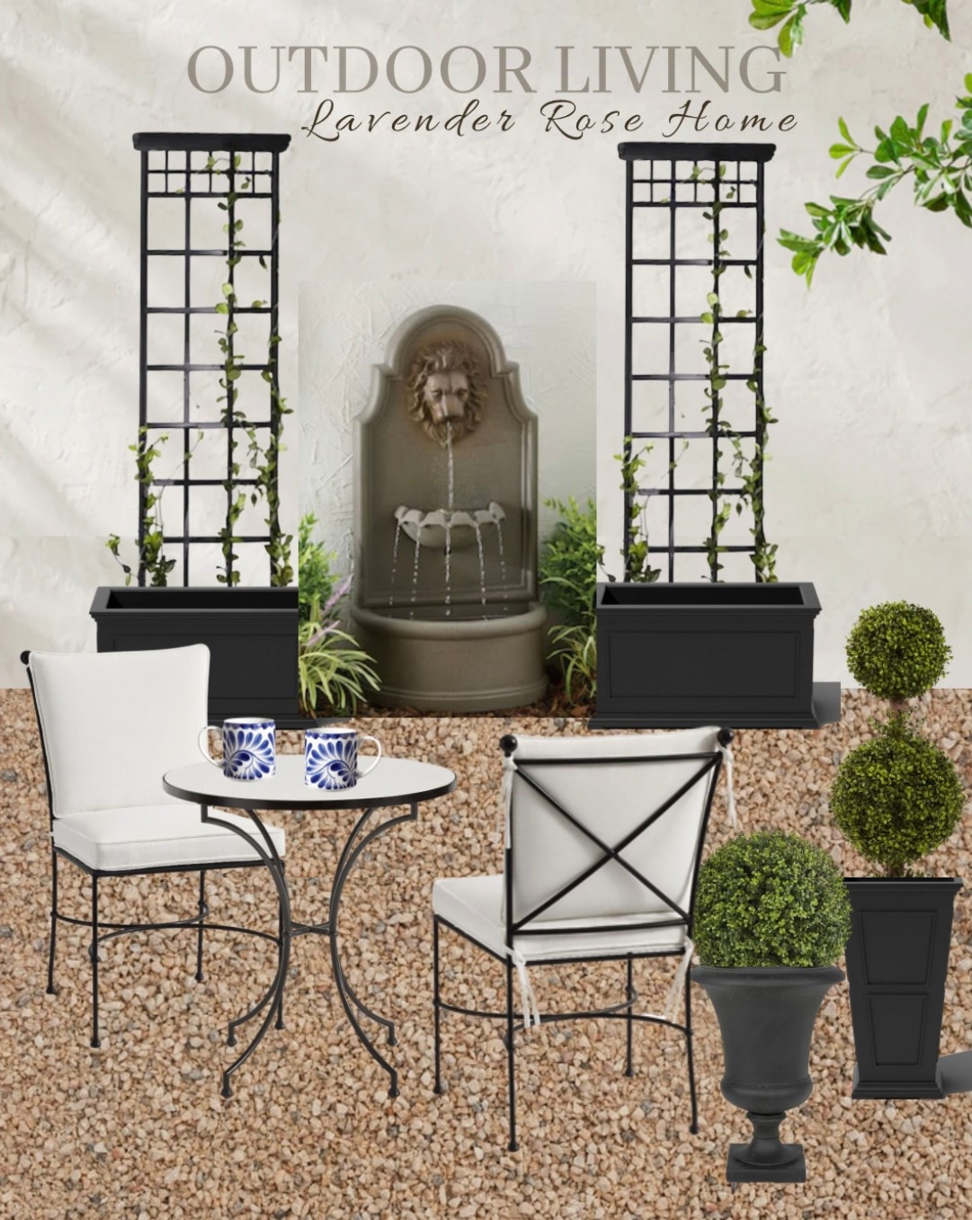 Outdoor Living. Outdoor Bistro Set. Trellis. Rectangular Planter. Black Planters. Faux Boxwood Topiary. Blue & White Mugs. Wall Water Fountain. Outdoor Water Fountain. Lowe’s. Pottery Barn. Faux Greenery. Lavender Rose Home. Timeless Classic Home. 

#LTKHome #LTKSeasonal #LTKFindsUnder100