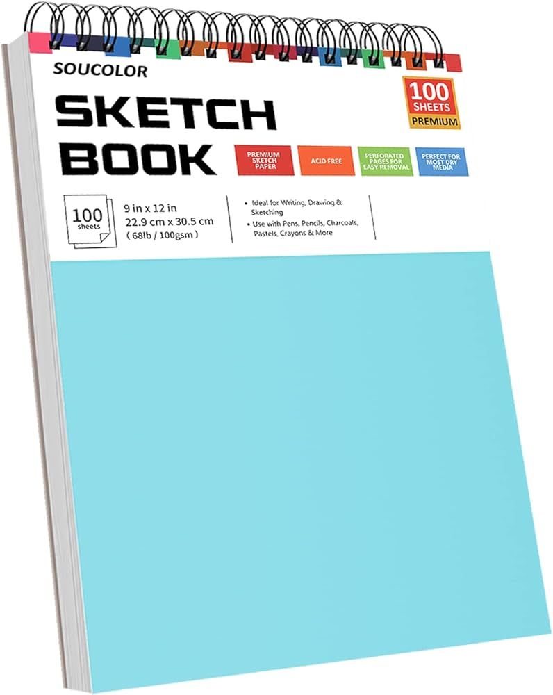 Soucolor 9" x 12" Sketch Book, 1-Pack 100 Sheets Spiral Bound Art Sketchbook, Acid Free (68lb/100... | Amazon (US)