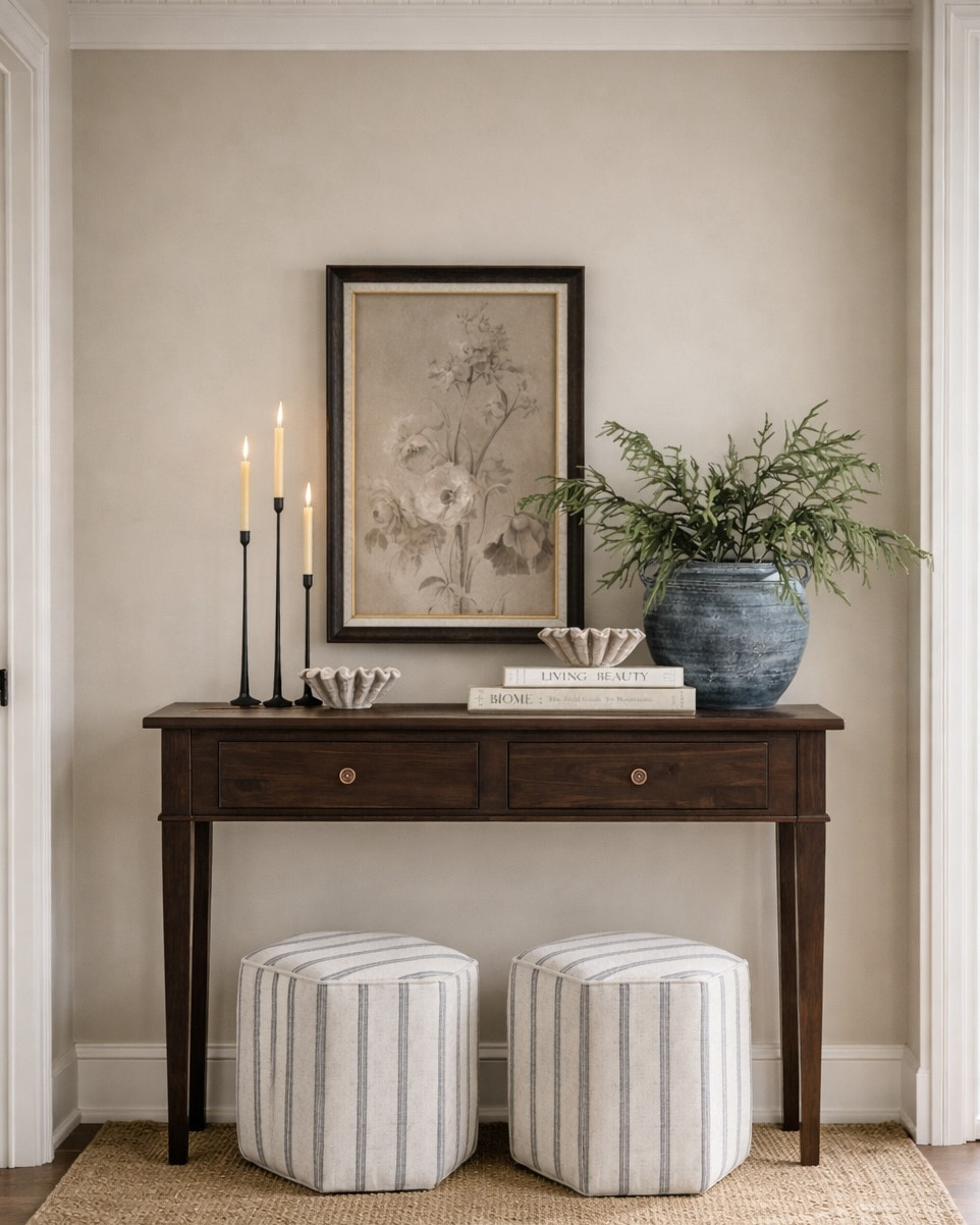Curated Console Table Edit with Warm Wood & Neutral Accents
Follow @farmtotablecreations on Instagram for daily home finds and styling ideas.

A beautifully balanced console setup that brings warmth and softness to any entryway, hallway, or living space. The rich wood table anchors the look while layered art, stacked books, sculptural bowls, and soft candlelight add depth and interest. Finished with striped poufs tucked underneath for extra seating and texture, this is one of those timeless arrangements that works season after season.

#consoletable #entrywaydecor #livingroomfurniture #homeaccent #neutraldecor #candlesticks #throwpillows #homeinspo



#LTKHome #LTKSaleAlert