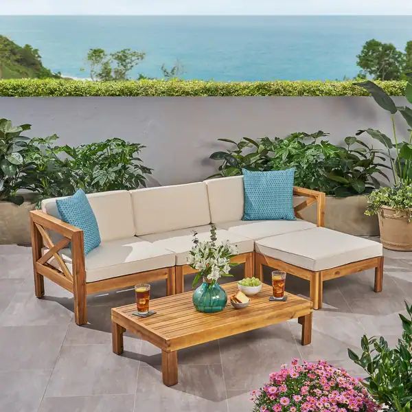 Alcove Outdoor Acacia Wood 5 Piece Sofa Set by Christopher Knight Home | Bed Bath & Beyond
