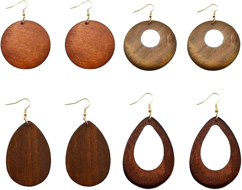 4 Pairs Ethnic Big Geometric Round Circle Teardrop Wood Dangle Earrings Wooden Drop Sets for Wome... | Amazon (US)